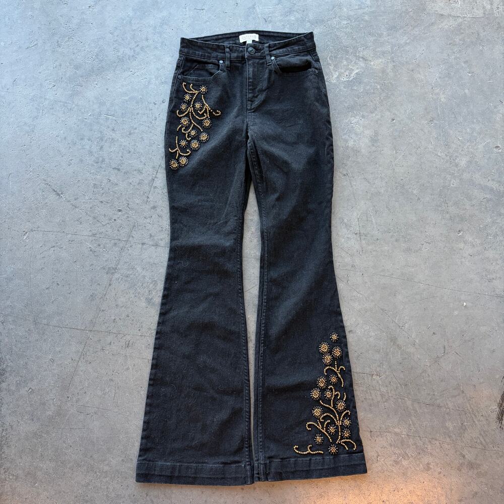 Vintage Y2k Western Cowgirl Wide Leg Flare Beaded Embellished Black Jeans 26
